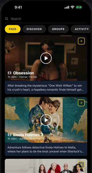 OpenTV on an iPhone: the feed, with search, the FEED / DISCOVER / GROUPS / ACTIVITY tabs and two film cards